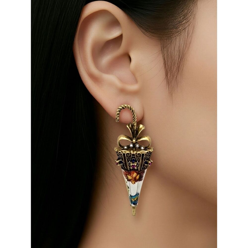 Victorian Umbrella Parasol Earrings Floral Enamel Antique Gold Vintage-Inspired